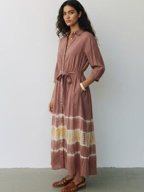 Women's Button Front Midi Shirt Dress Size 36 Small Dusty Rose Boho Modest Belt